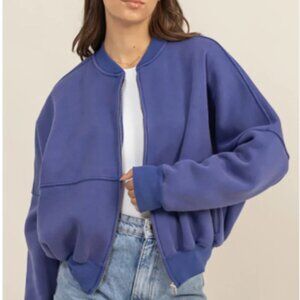 Cozy Washed French Terry Ribbed Collar Zip Up Casual Jacket